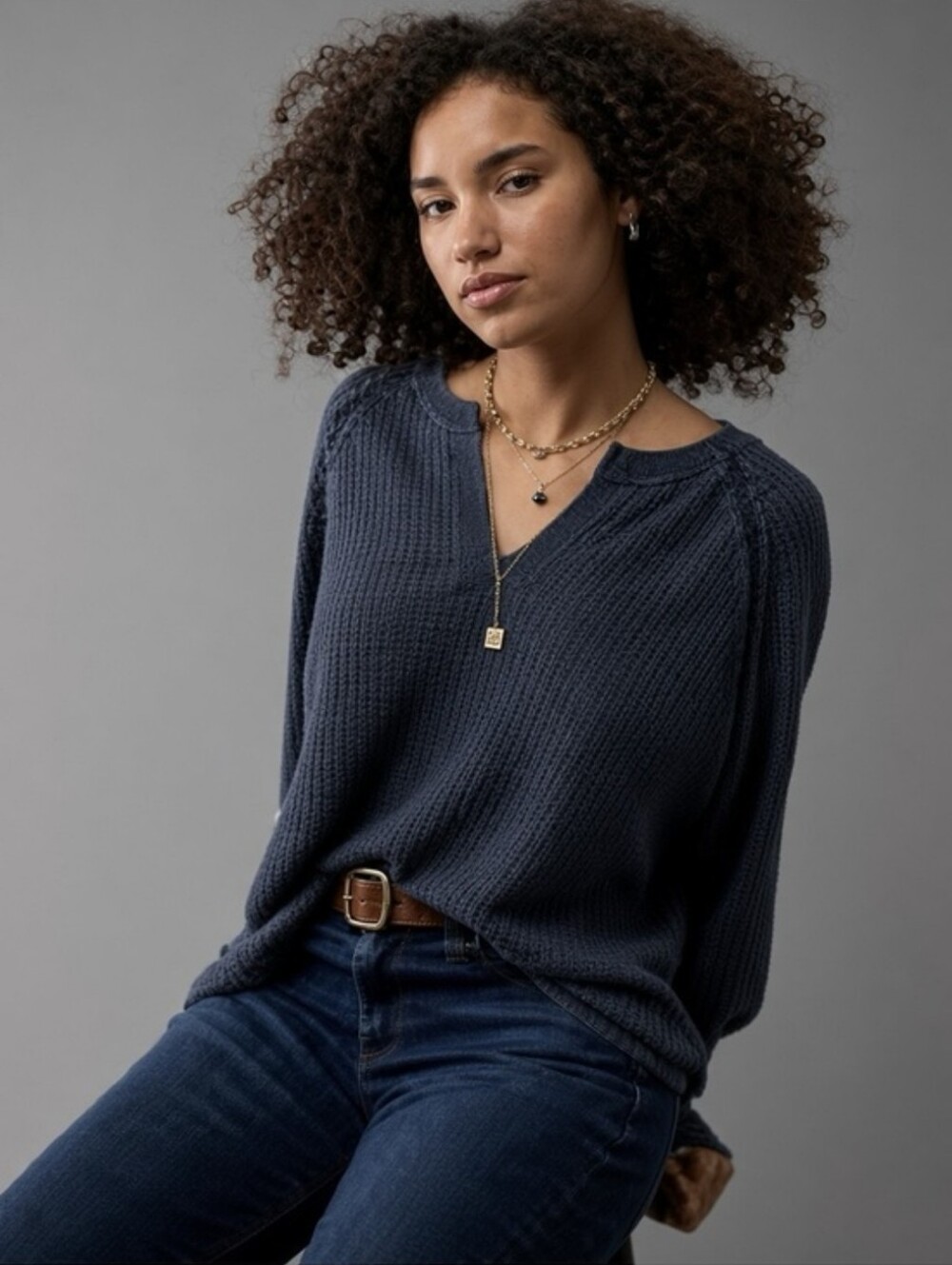 American Eagle Seriously Lived In Blue Gray Waffle Knit Oversized Henley Top XL